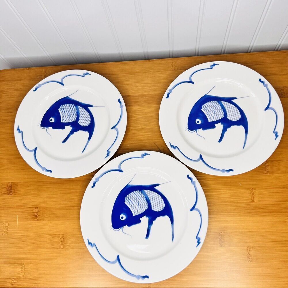 3 Chinese PALACE Koi Fish Carp Blue White Porcelain 8” Salad Plates Chinoiserie